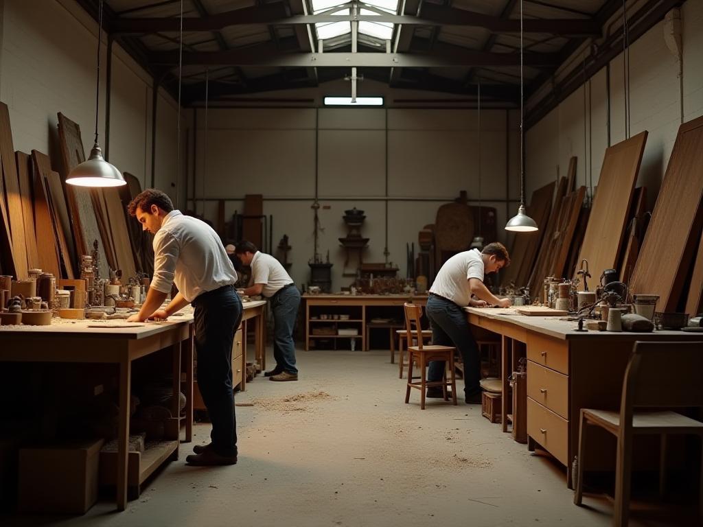 Interior of Melbourne Furniture Care workshop with craftsmen working