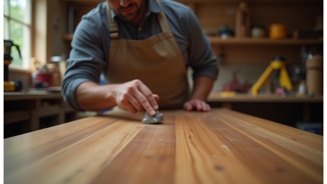 Craftsman refinishing a timber table in workshop