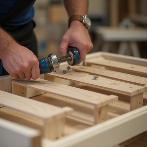 Technician assembling wooden bed frame